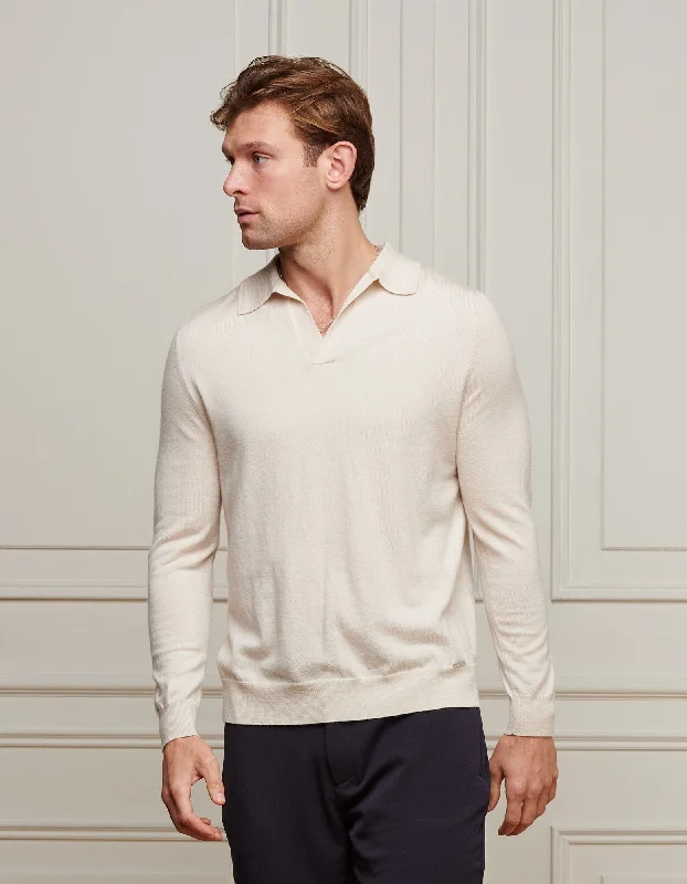 Beige L/S Merino Open Collar Polo