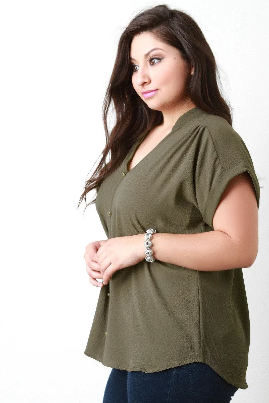 Overstock Clearance Boxy Cuffed Sleeve Button Top