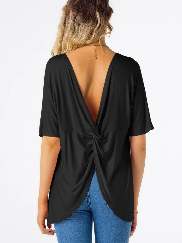 Holiday Sale Custom Round Neck Plain Crossed Front Backless Slit Half Sleeve Black T-Shirts