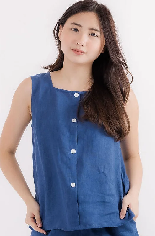 Great Deal Linen Sleeveless Top in Dark Blue