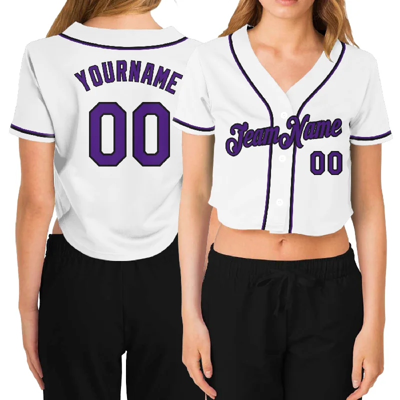 Weekend Offers That Amaze Custom Women's White Purple-Black V-Neck Cropped Baseball Jersey Weekend Offers That Amaze Custom Women's White Purple-Black V-Neck Cropped Baseball Jersey