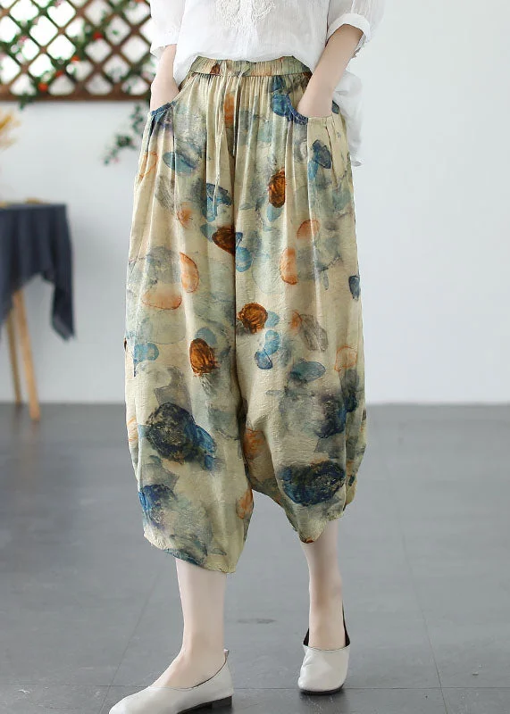 Markdown Sale Khaki Print Pockets Patchwork Linen Crop Pants Cinched Summer