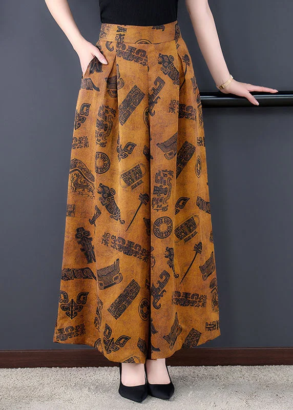 Closeout Italian Yellow Elastic Waist Pockets Print Draping Silk Wide Leg Pants Summer
