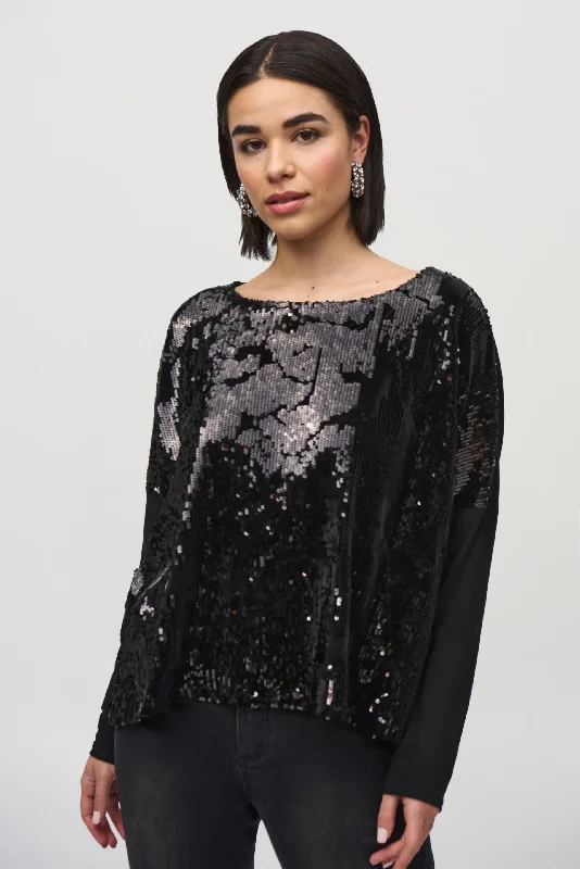 Crazy Savings Joseph Ribkoff Black Sequined Velvet Long Sleeve Top 244005