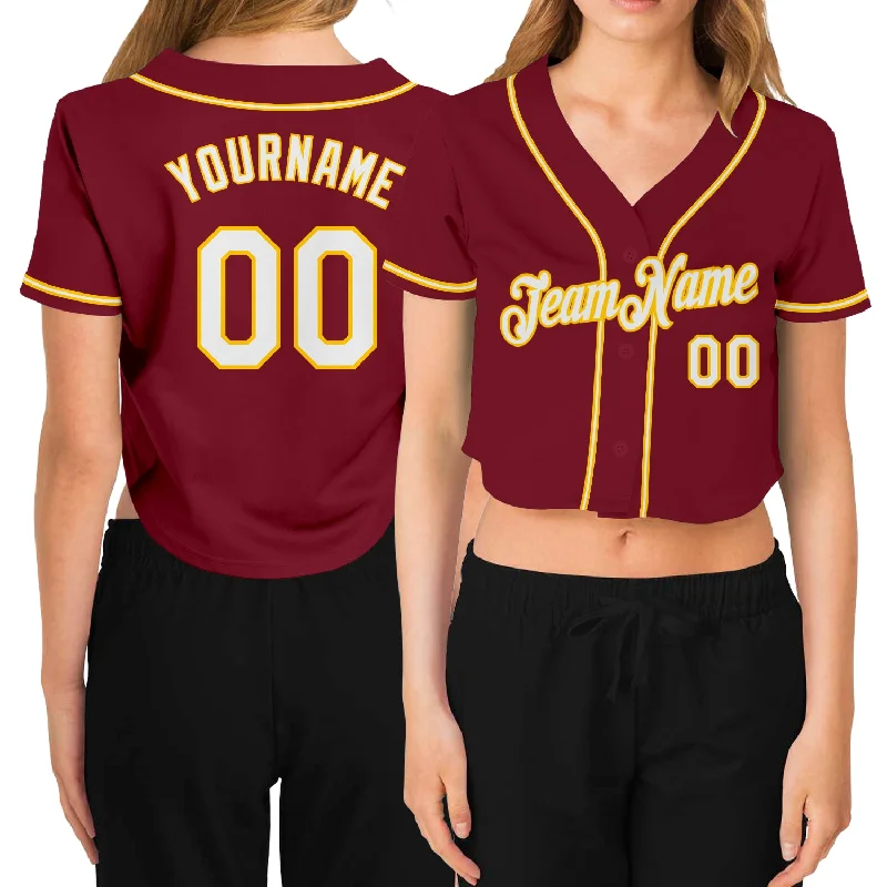 Special Price Custom Women's Crimson White-Gold V-Neck Cropped Baseball Jersey