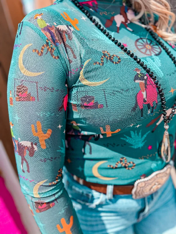 Reduced Price Miss Prescott Long Sleeve Mesh Top - Teal Cowgirl