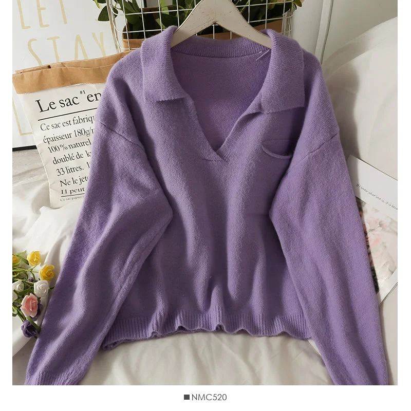 Deal Mania Sweet wind candy color Lapel slim fit Pullover knit  1848