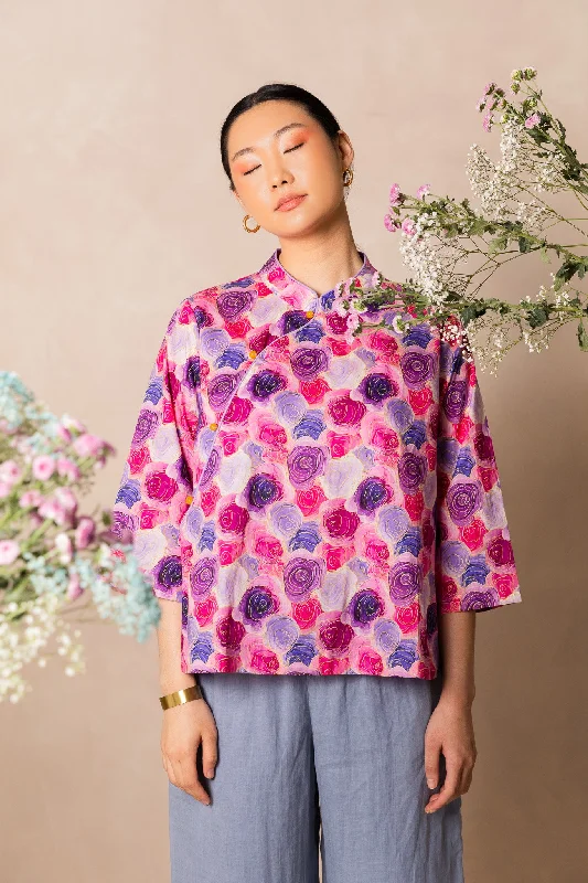 Closeout Deal Water Colour Pink Rose Print 3/4 Sleeve Cheongsam Top