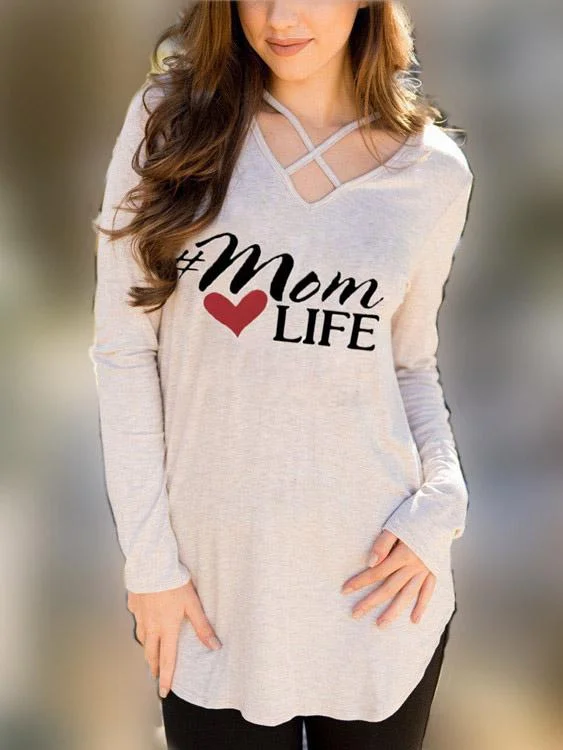 Make Your Weekend Count with Savings Custom V-Neck Letter Crossed Front Long Sleeve Curved Hem Apricot T-Shirts