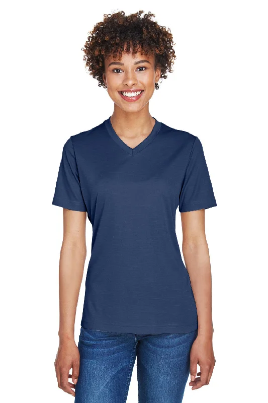 Super Deal Team 365 Womens Sonic Performance Heather Moisture Wicking Short Sleeve V-Neck T-Shirt - Heather Dark Navy Blue