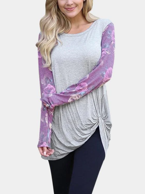 Pay Less Custom Crew Neck Floral Print Long Sleeve Irregular Hem Grey T-Shirts