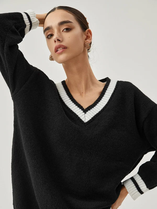 Time-Limited Offer V-neck Contrast Graceful Trim Oversized Sweater