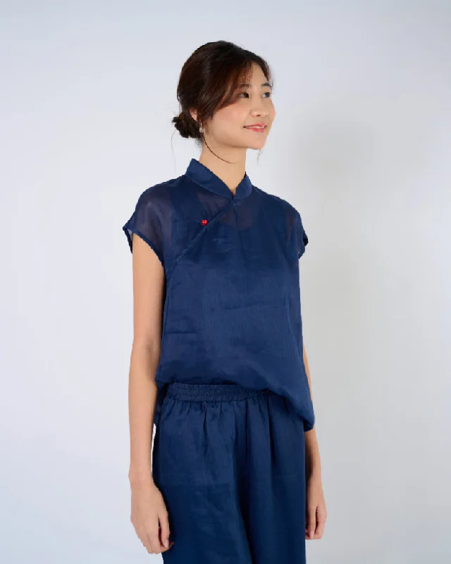 Today's Deal Cap Sleeve Ramie Cheongsam Top in Dark Blue