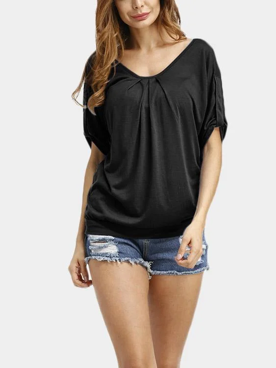 Exclusive Deal Custom Round Neck Plain Cut Out Pleated 3/4 Sleeve Black T-Shirts