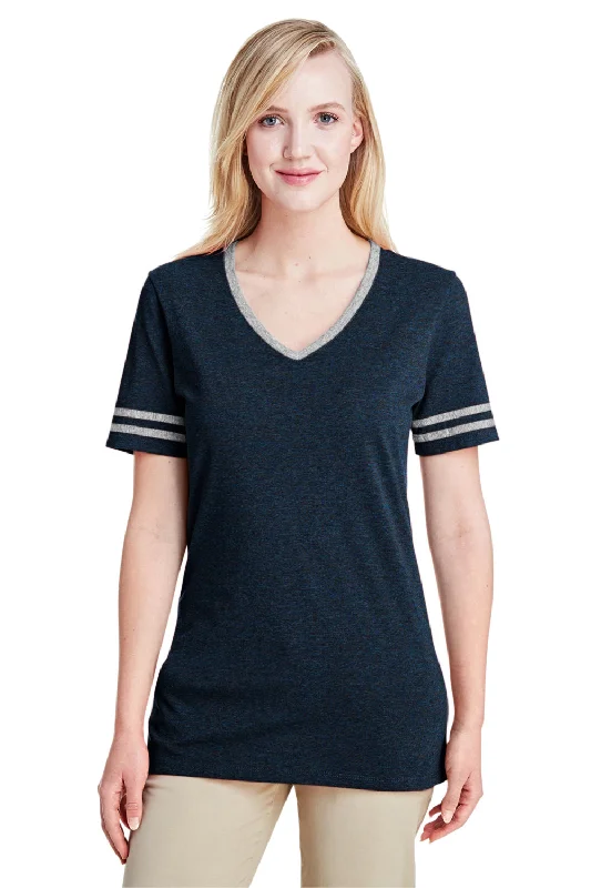 Weekend Steals Await Jerzees Womens Varsity Ringer Moisture Wicking Short Sleeve V-Neck T-Shirt - Heather Indigo Blue/Oxford Grey - Closeout