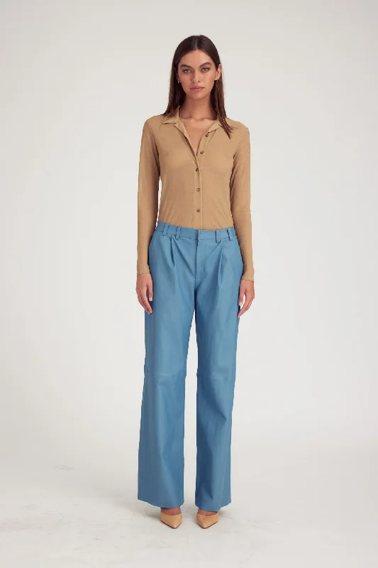 Quick Sale Chambray Blue Leather Pleated Trousers