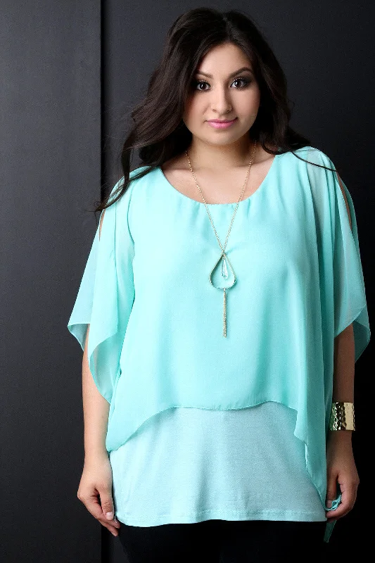 Shop and Save Chiffon Poncho Overlay Teardrop Necklace Top