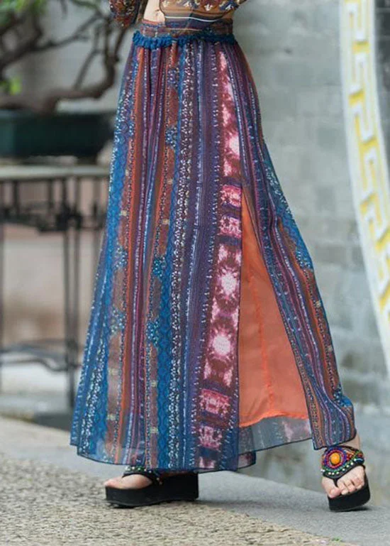 Closeout Sale Natural Blue Side Open Print Chiffon Wide Leg Pants Summer