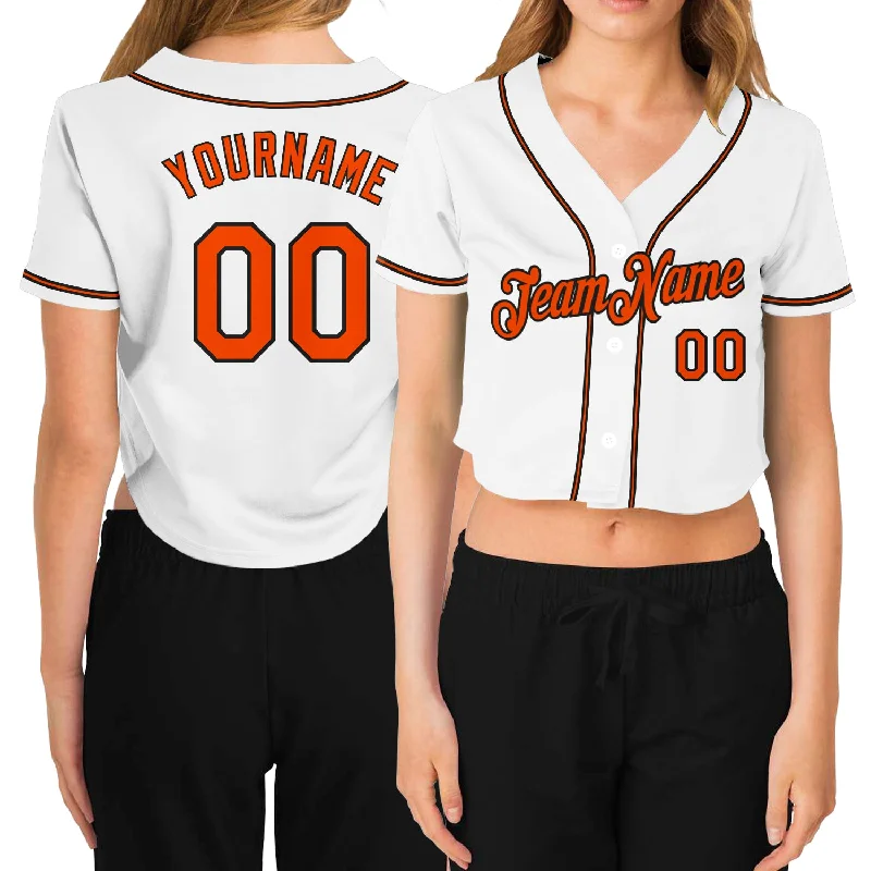 Season Finale Sale Custom Women's White Orange-Black V-Neck Cropped Baseball Jersey