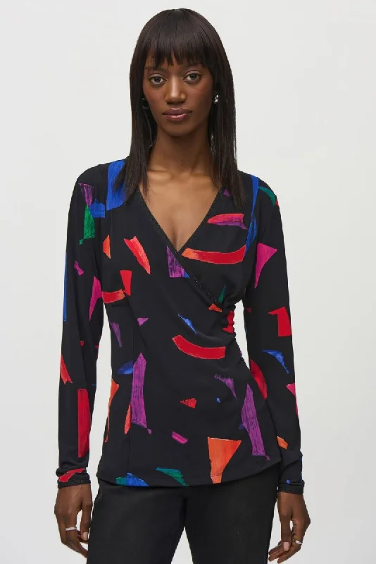 Online Exclusive Joseph Ribkoff Black/Multi Abstract Print Faux Wrap Top 244079