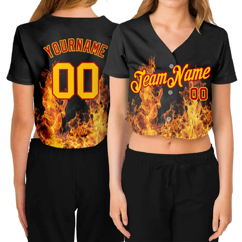 Weekend Discounts to Relish Custom Women's Black Gold-Red Flame 3D V-Neck Cropped Baseball Jersey