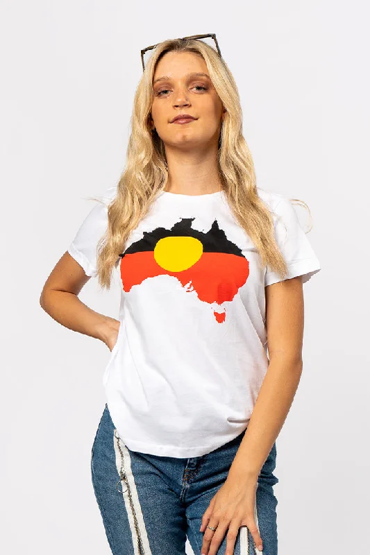 Weekend Savings Fiesta "Raise the Flag" Aboriginal Flag (Australia) White Cotton Crew Neck Womens T-Shirt