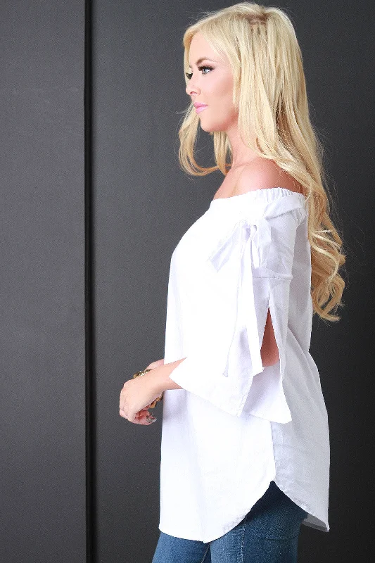 Weekend Savings Spectacular Bardot Self-Tie Bow Slit Sleeve Top