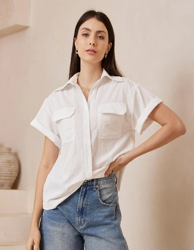 Daily Specials Melia Scoop Front Short Sleeve Shirt in White