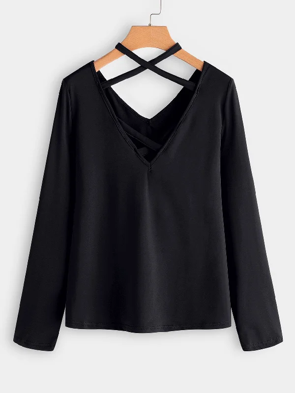 Extra Savings OEM ODM Deep V Neck Plain 3/4 Sleeve Black T-Shirts