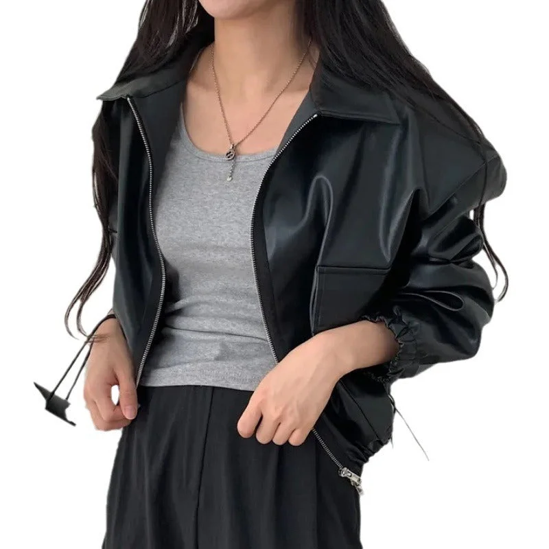 Today’s Special Lapel Double Zipper Pocket Long Sleeve Leather Coat