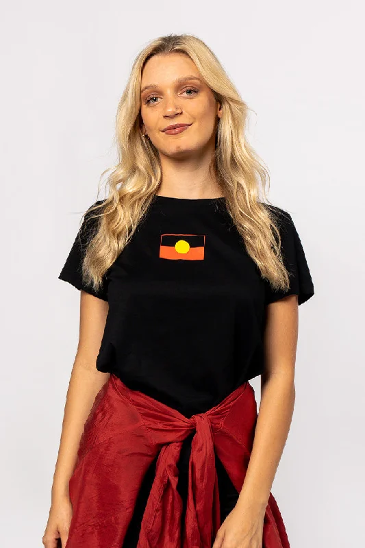 Weekend Deals That Wow "Raise the Flag" Aboriginal Flag (Small) Black Cotton Crew Neck Womens T-Shirt