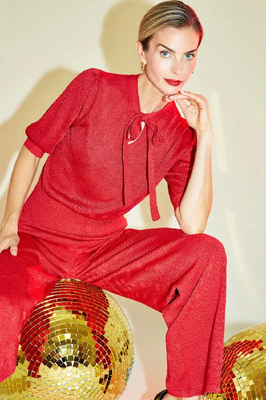 Weekend Deals That Sparkle Red Lurex Pussy-Bow Top