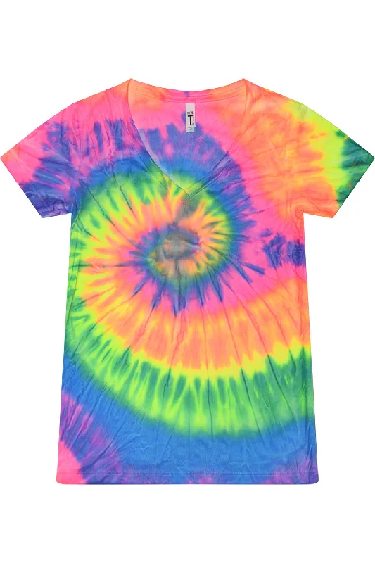 Overstock Sale Tie-Dye Womens Short Sleeve V-Neck T-Shirt - Neon Rainbow
