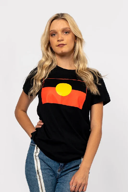 Grand Opening Sale "Raise the Flag" Aboriginal Flag (Large) Black Cotton Crew Neck Womens T-Shirt