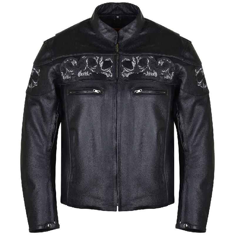 VL535 Reflective Skull Premium Cowhide Leather Motorcycle Jacket