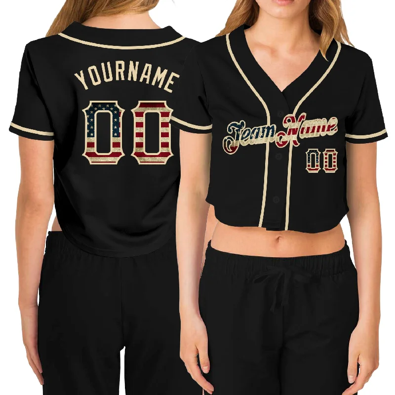 Weekend Discounts to Enjoy Custom Women's Black Vintage USA Flag-Cream V-Neck Cropped Baseball Jersey Weekend Discounts to Enjoy Custom Women's Black Vintage USA Flag-Cream V-Neck Cropped Baseball Jersey
