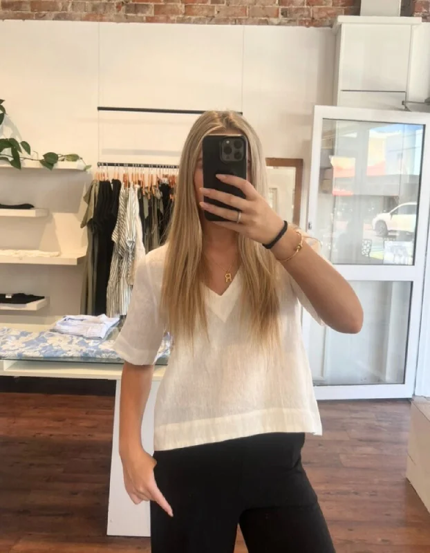 Limited Offer Noble Short Sleeve V Neck Top in White Linen