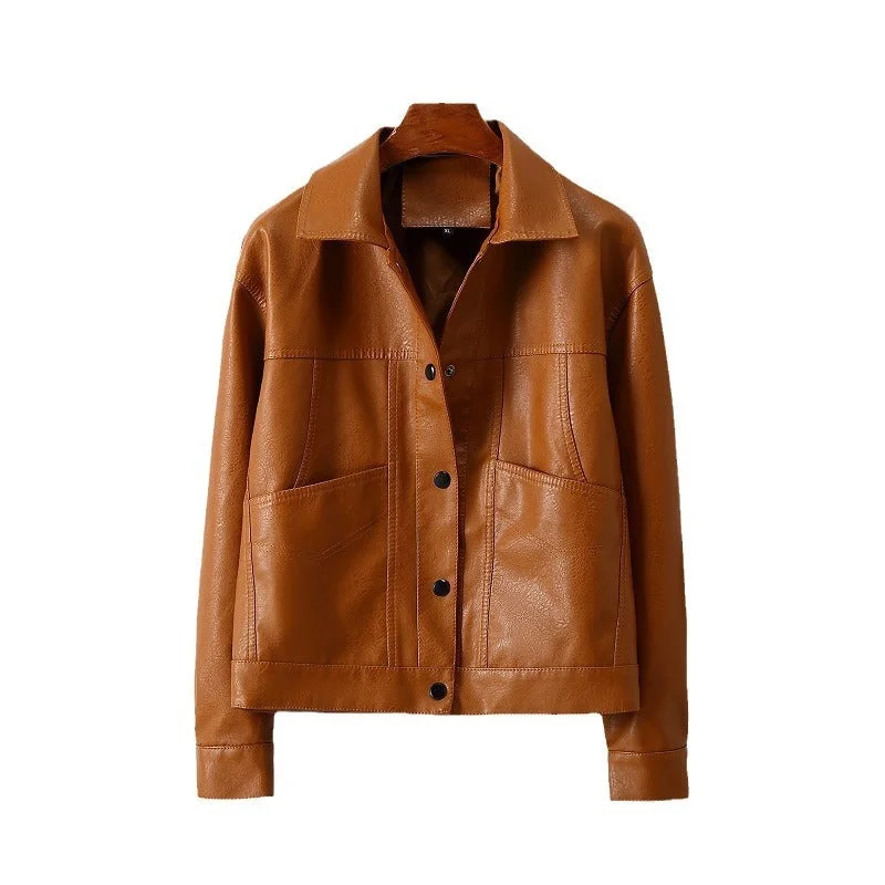 Closeout Women's Lapel Short Small Leather Coat