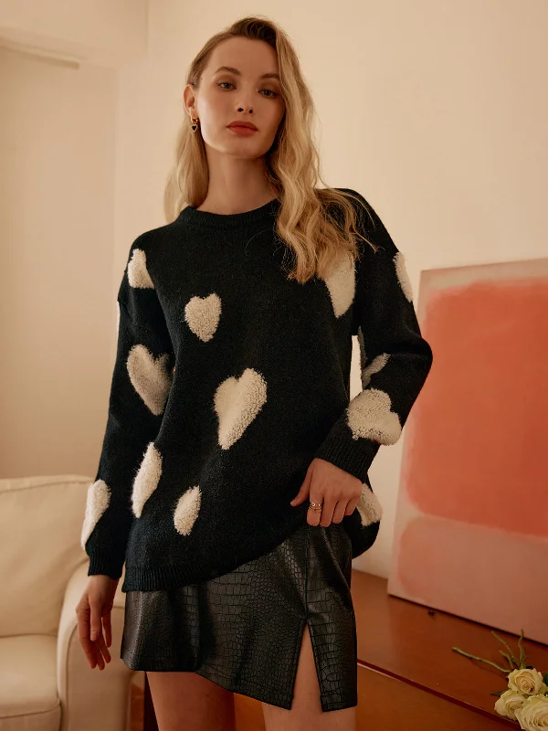 Closeout Sale Knit Heart Pattern Trendy Crew Neck Sweater