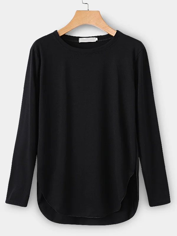 Extra Savings Custom Round Neck Plain Long Sleeve Curved Hem T-Shirts