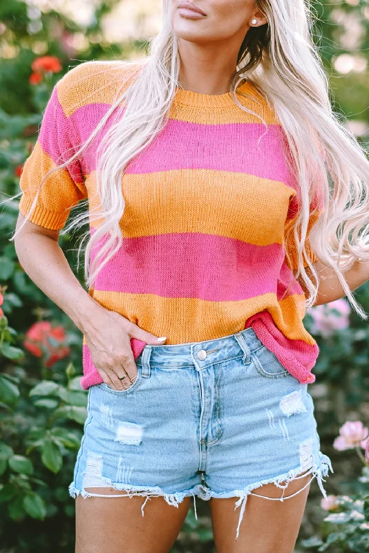 Online Exclusive Henley Stripe Color Block Knitted T-shirt Sweater