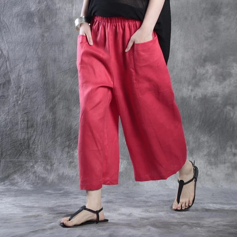 Price Reduction Natural Red Pockets Casual Fall Wide Leg Linen Pants