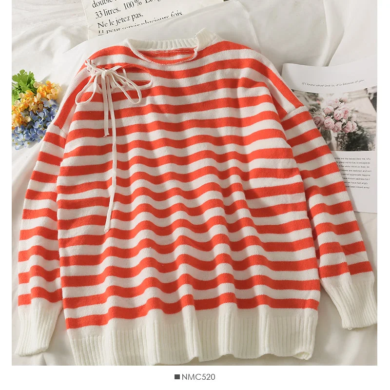 Overstock Bow tie tie stripe loose thin curled crew neck top  1941
