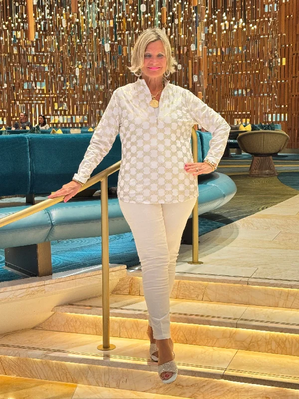 YEAR-End Sale LULU-B WHITE & GOLD METALIC HALF ZIPPER TOP
