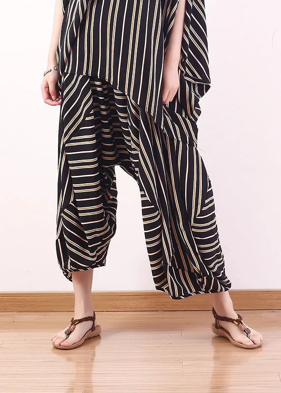 Early Bird Discount Handmade Black Asymmetrical Striped Chiffon Harem Pants Trousers Fall