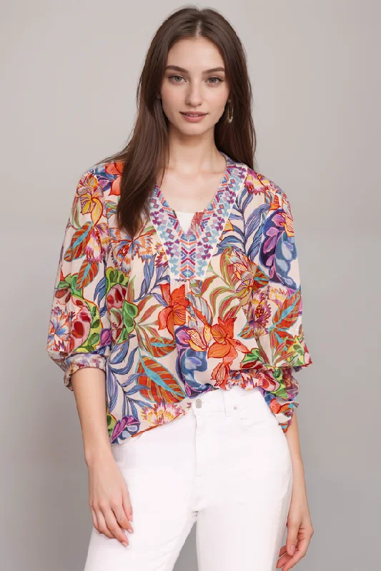 Markdowns Johnny Was Workshop V-neckline Bordered Easy Field Blouse W11324
