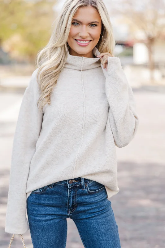 Savings Galore Hear It All Oatmeal Brown Mock Neck Sweater