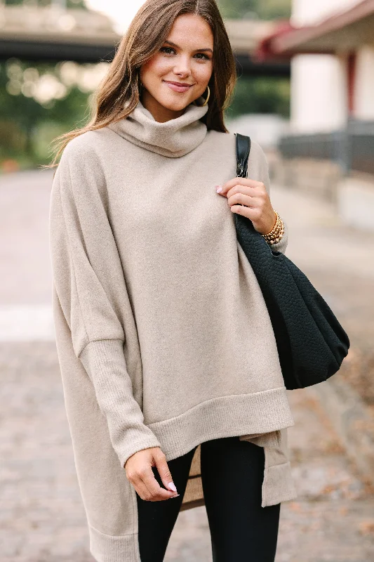 Super Bargain Feeling So Chipper Taupe Brown Cowl Neck Sweater