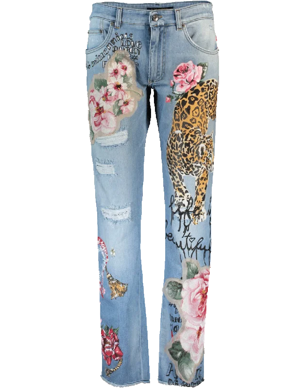 Final Sale Floral And Leopard Distressed Jean