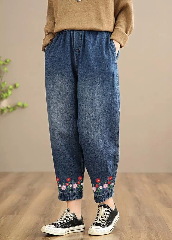 Your Weekend, Your Savings Handmade Spring Casual Pants Oversize Denim Blue-little flower Photography Elastic Waist Trousers